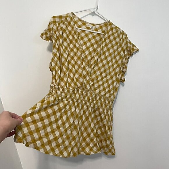 MAX STUDIO Smocked Waist Flutter Sleeve Blouse Mustard Yellow White Gingham Boho - Picture 8 of 14